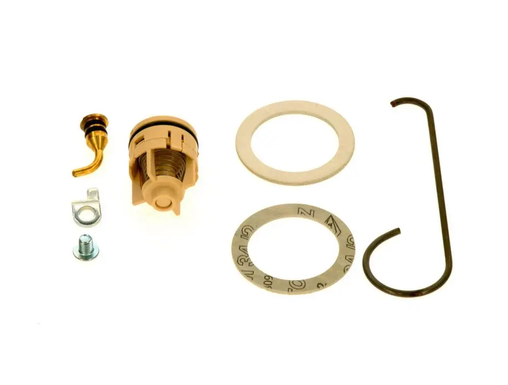 BOSCH Rückschlagventil mit verschiedenen Zubehörteilen, darunter ein Ventil, Dichtungen, eine Schraube und ein Sicherungsring, auf hellem Hintergrund angeordnet.